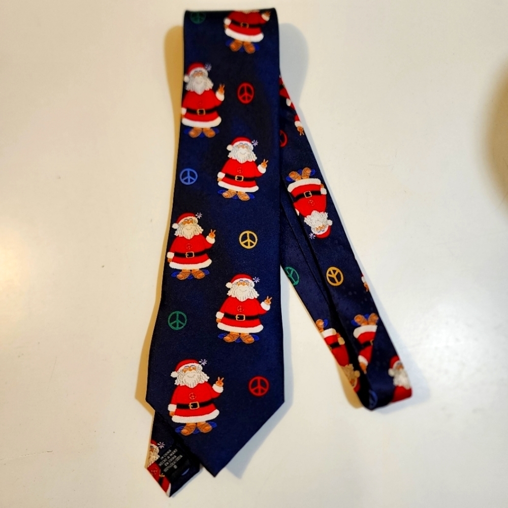 American Greetings Christmas Santa Claus blue and Red 100% silk satin tie